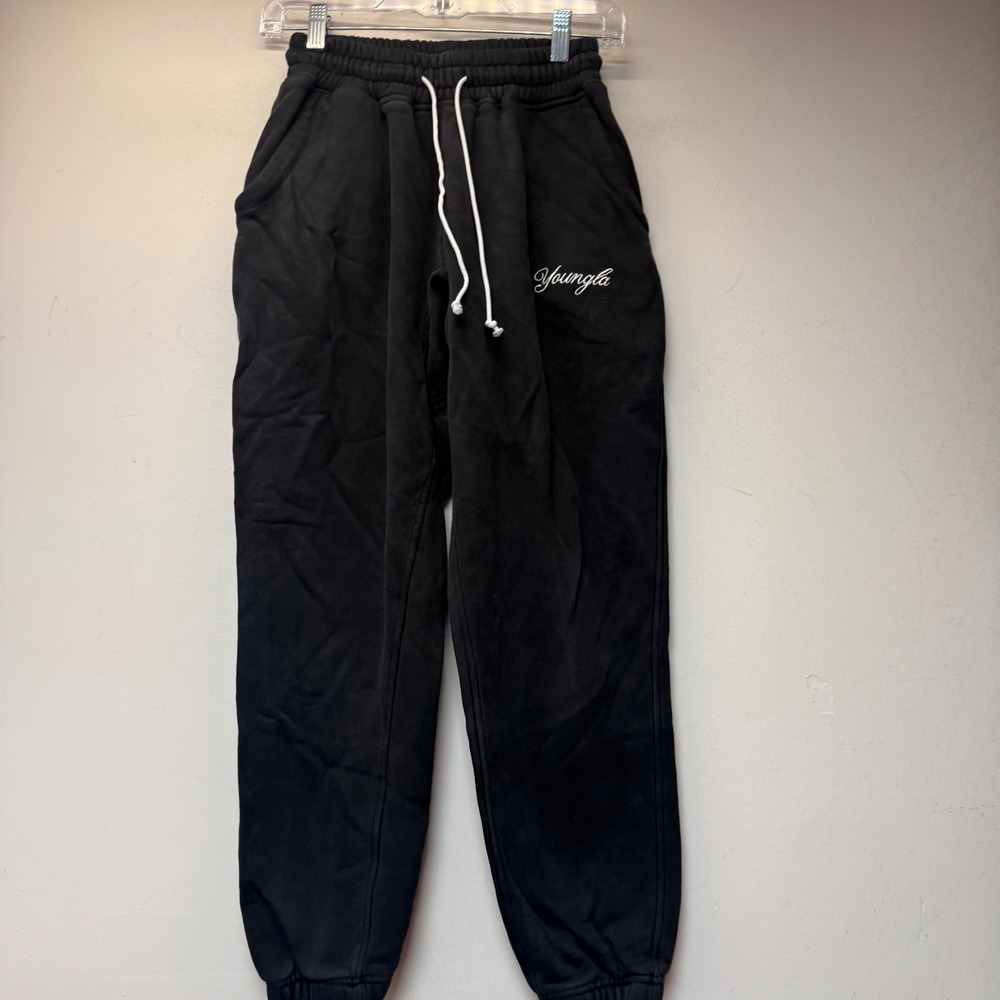 YoungLA Jogger Sweatpants Mens Small Black Excellent Embroidered Logo Drawstring